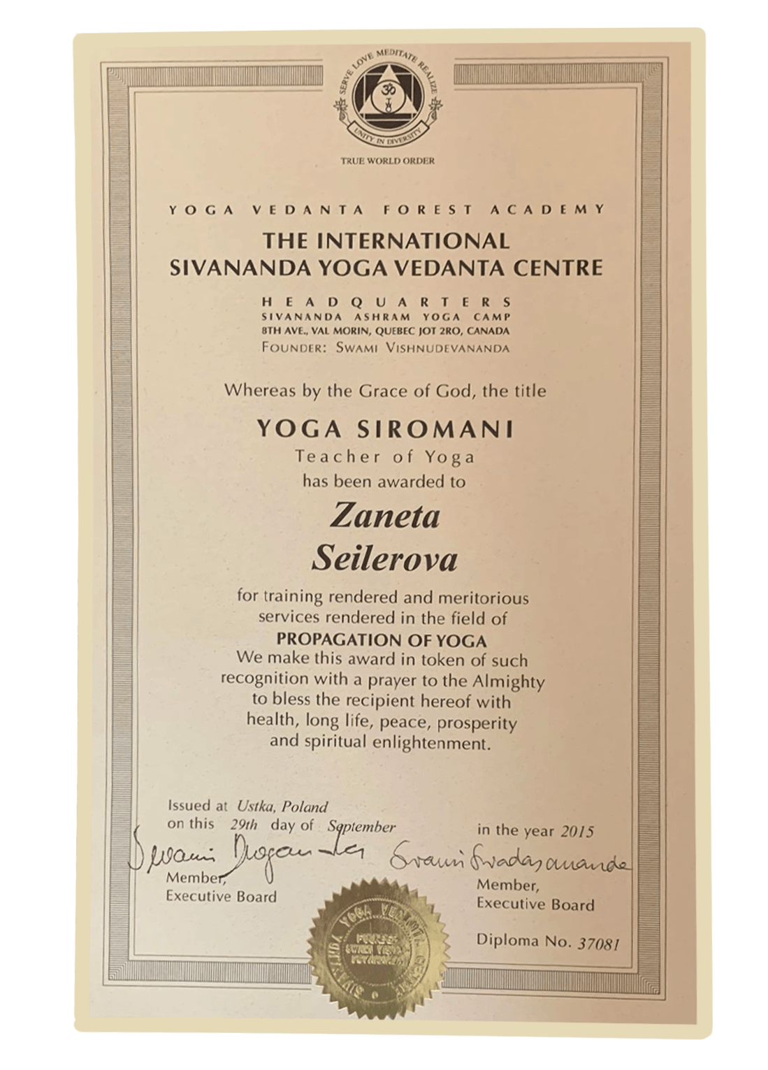 Yoga Certificate Zane Shivananda Yoga Certificate Zane Shivananda